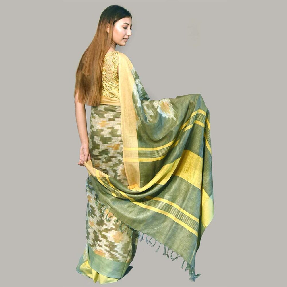 Basil Ikat Ummer Linen Saree - Image 4