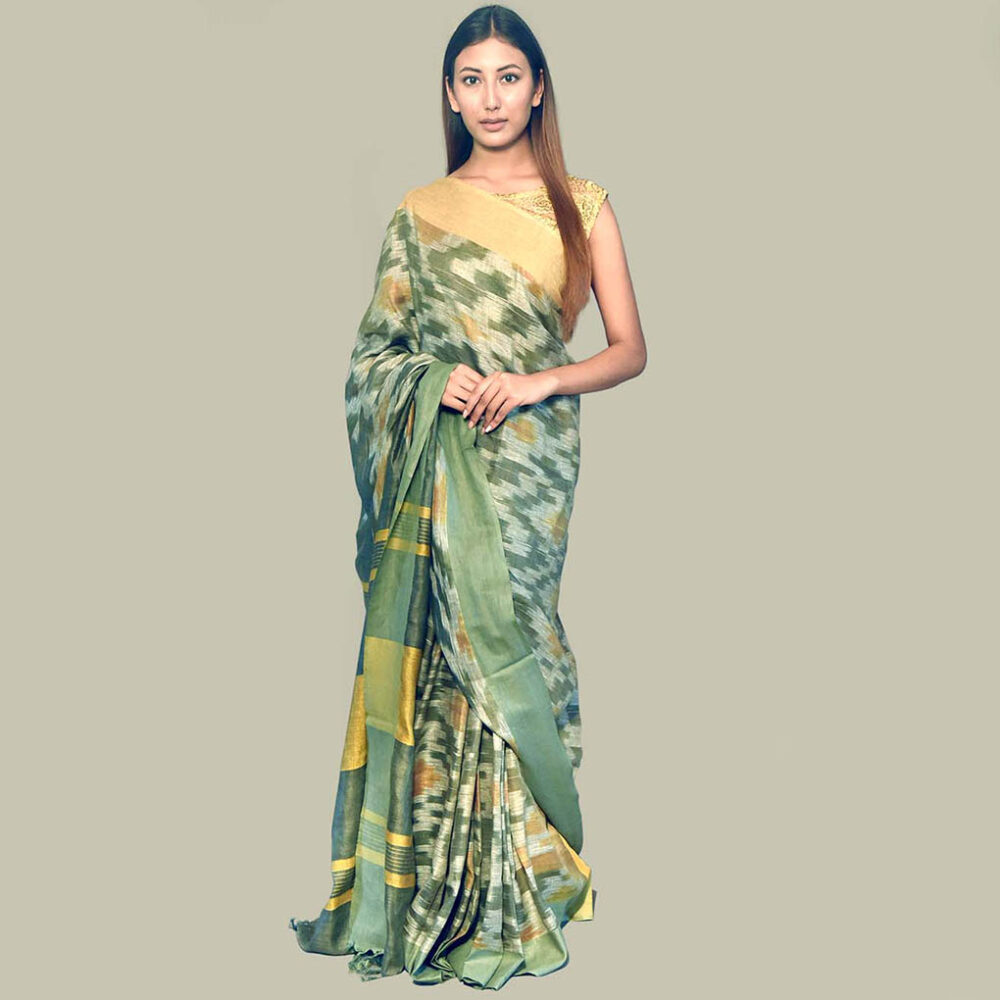 Basil Ikat Ummer Linen Saree - Image 2