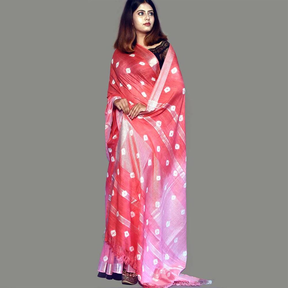 Handloom Ombre Bandhani Linen Saree - Image 8