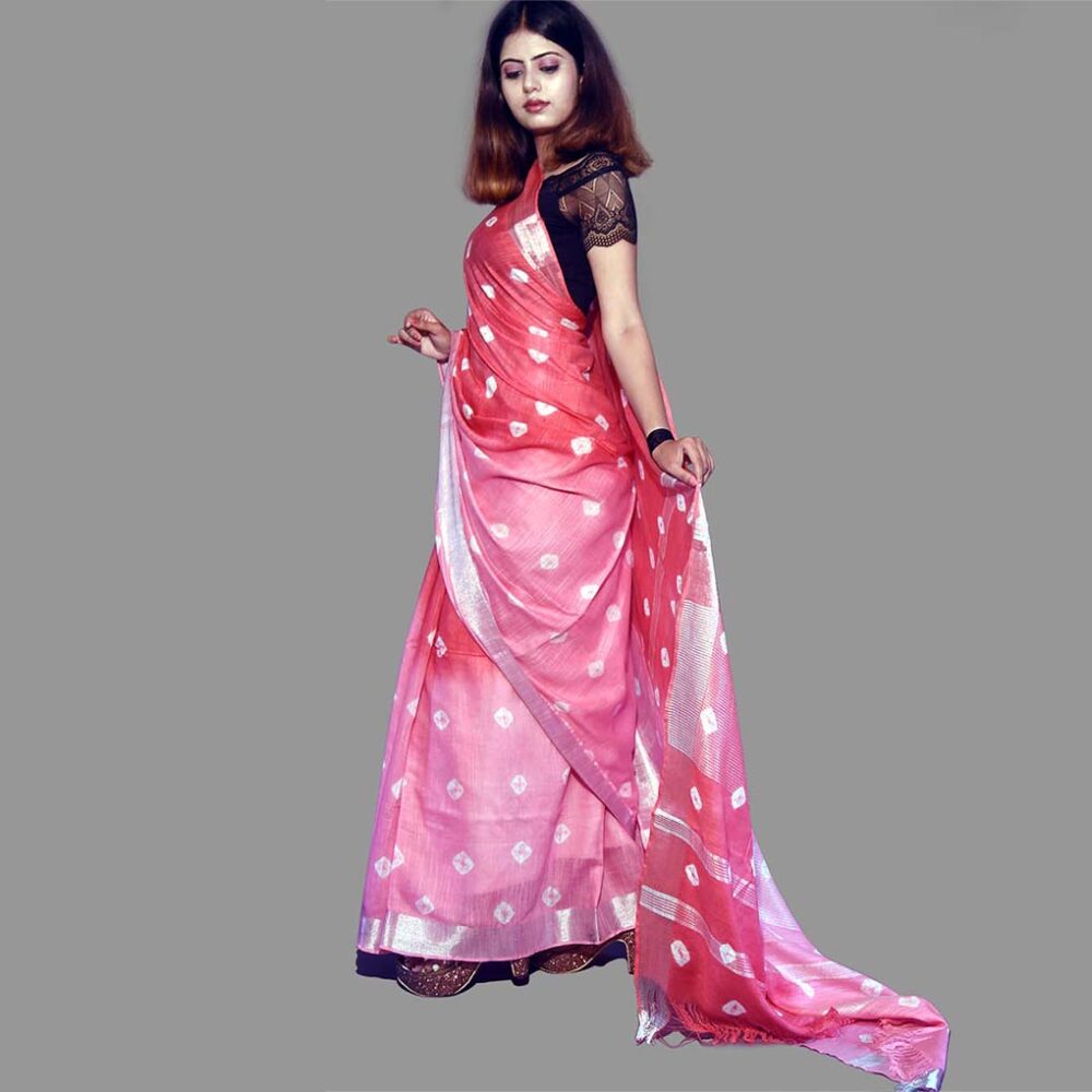Handloom Ombre Bandhani Linen Saree