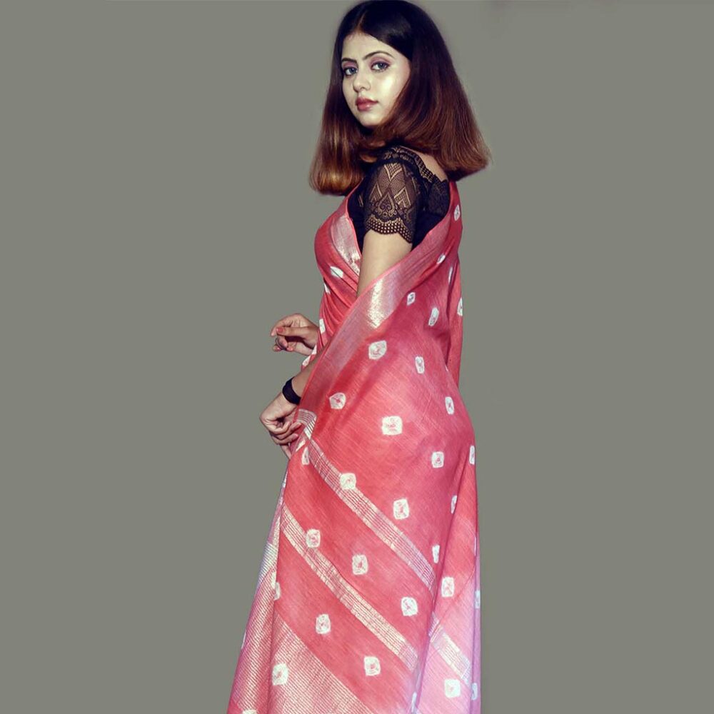Handloom Ombre Bandhani Linen Saree - Image 2