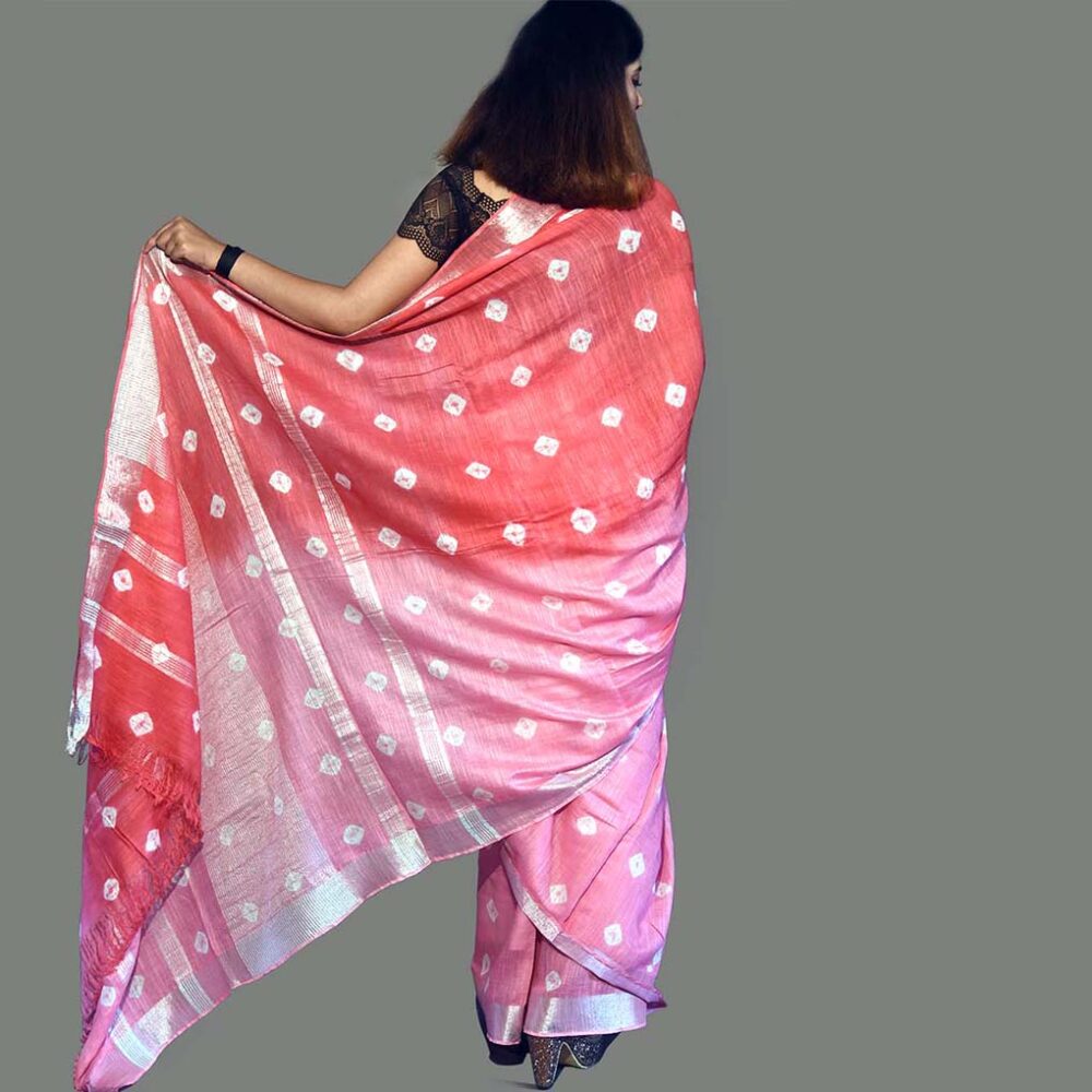 Handloom Ombre Bandhani Linen Saree - Image 3