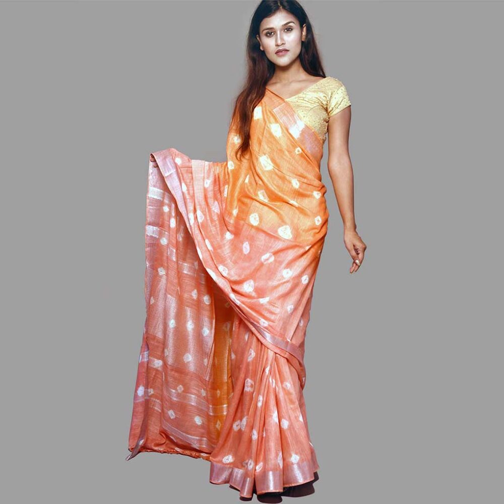 Handloom Ombre Bandhani Linen Saree - Image 4