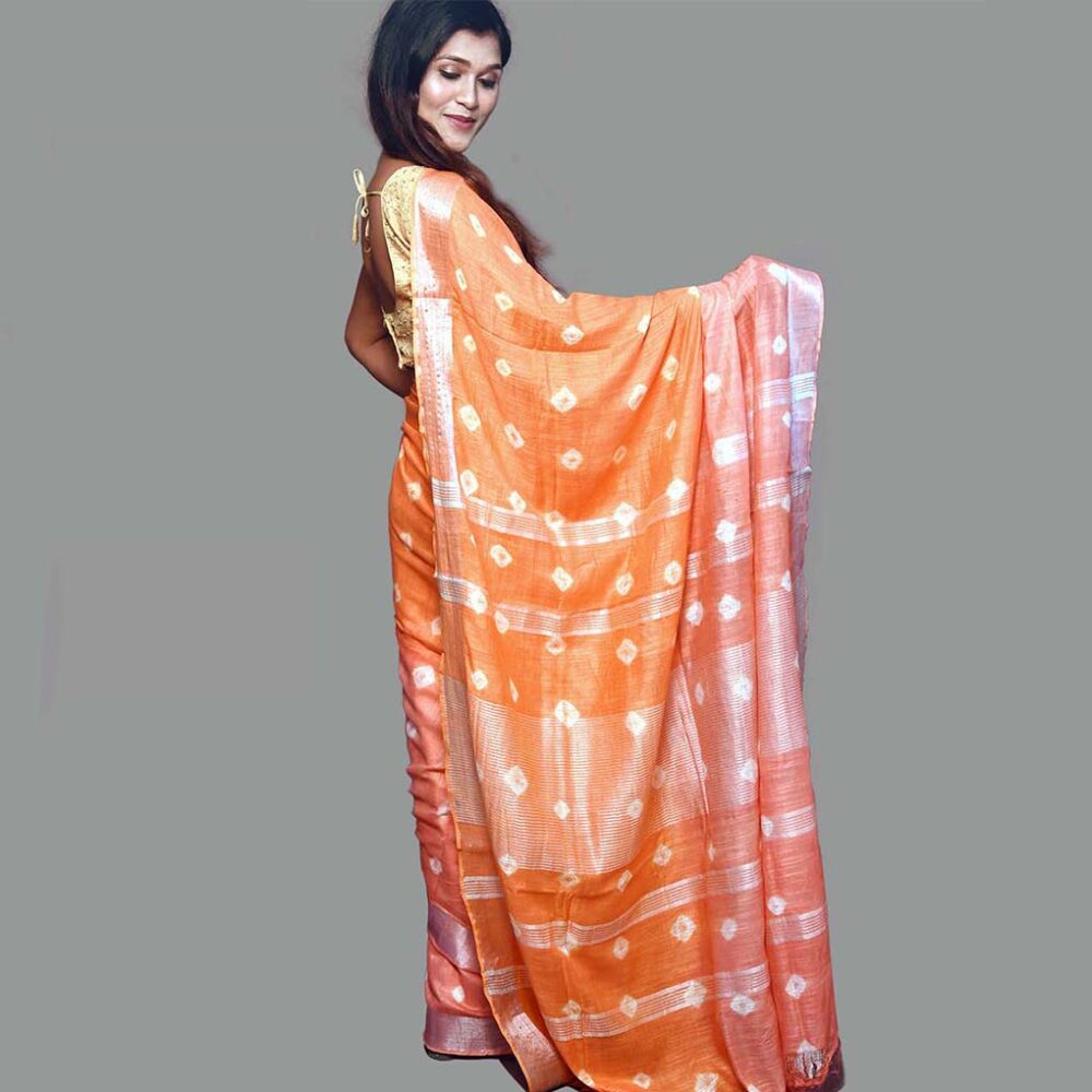 Handloom Ombre Bandhani Linen Saree - Image 7