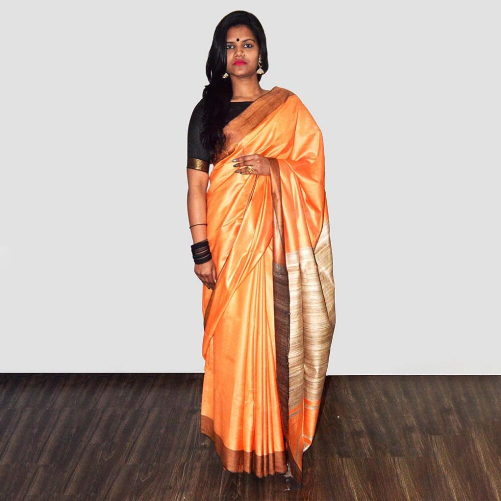 Handloom Orange Colour Blocked Silk Saree