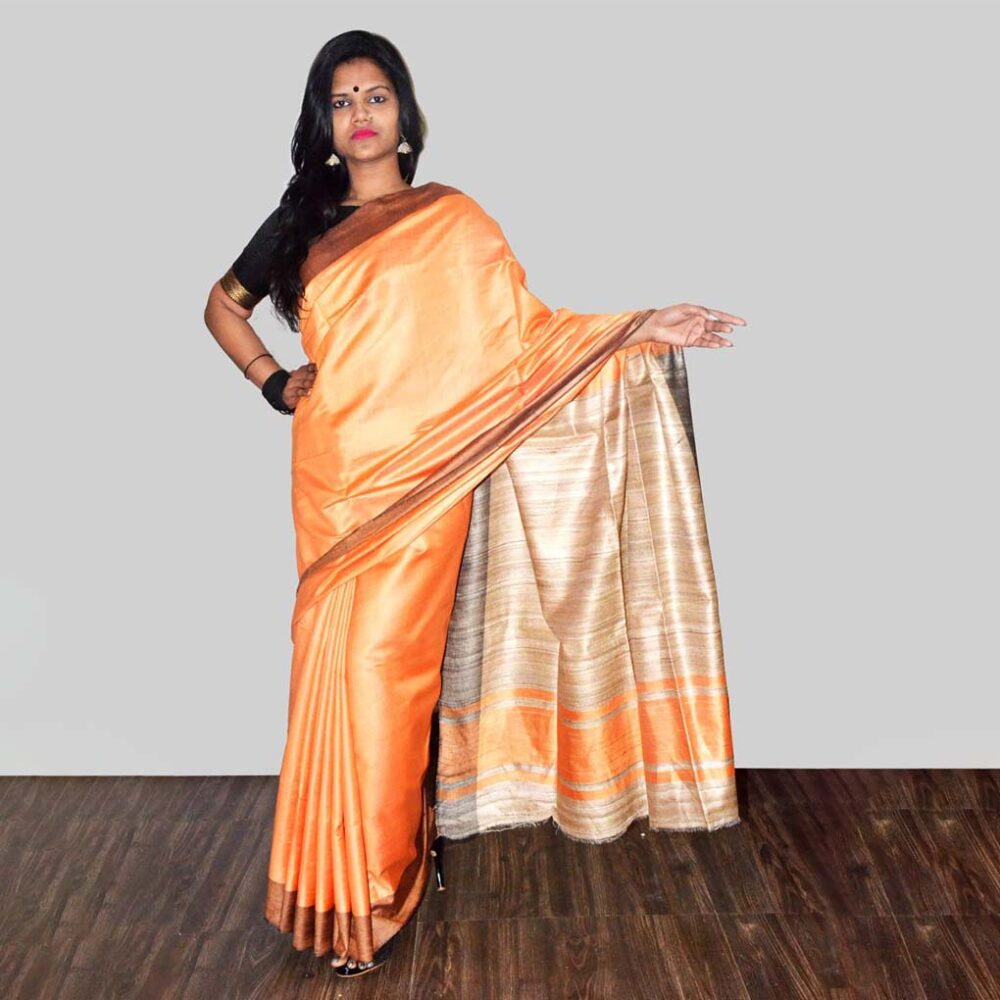 Handloom Orange Colour Blocked Silk Saree - Image 2
