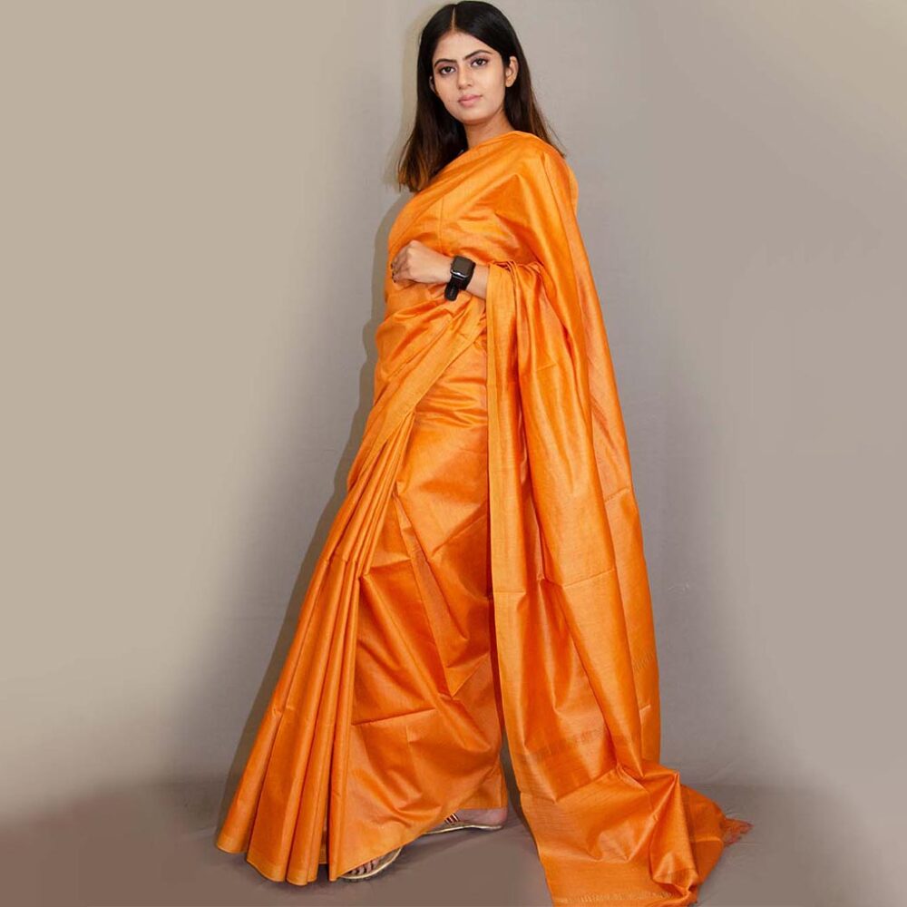 Handloom Orange Solid Tasar Silk Saree