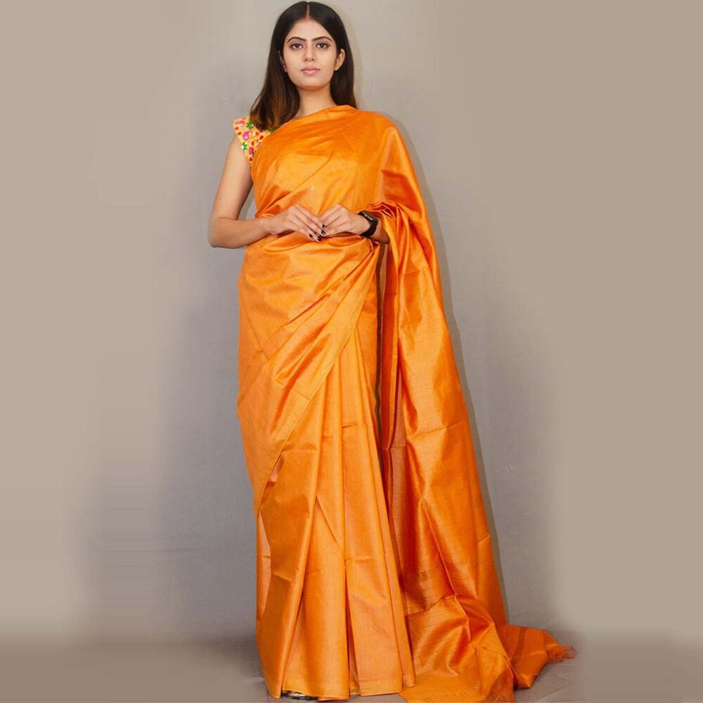Handloom Orange Solid Tasar Silk Saree - Image 2