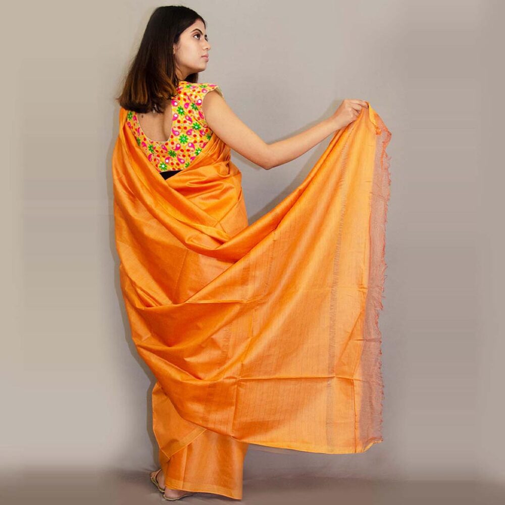 Handloom Orange Solid Tasar Silk Saree - Image 3