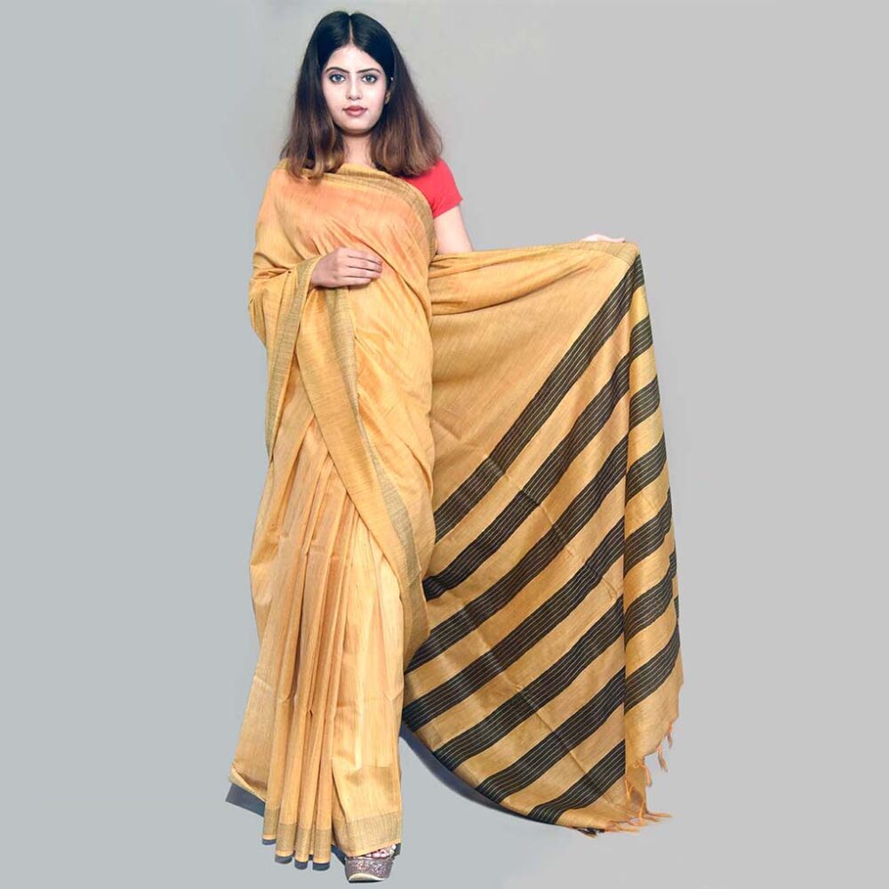 Handloom Orange Striped Silk Saree - Image 4