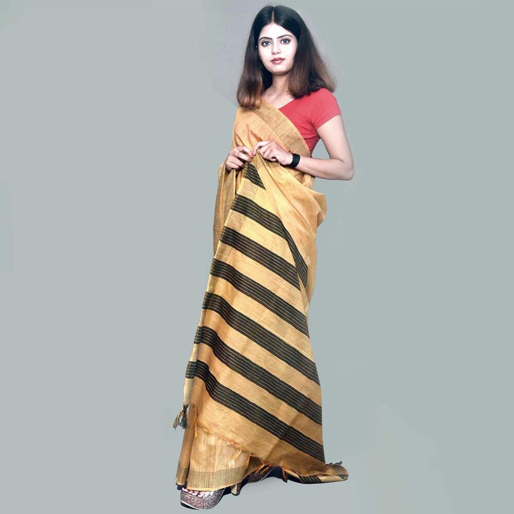 Handloom Orange Striped Silk Saree - Image 2