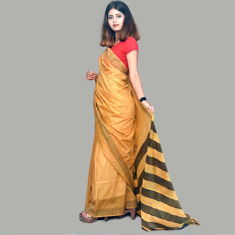 Handloom Orange Striped Silk Saree - Image 3