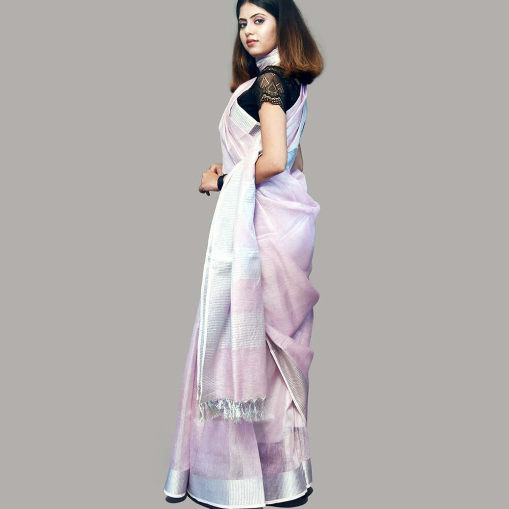 Handloom Pink Linen Saree - Image 4