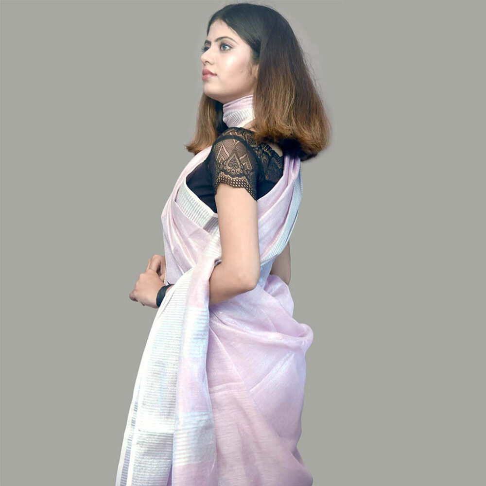 Handloom Pink Linen Saree - Image 3