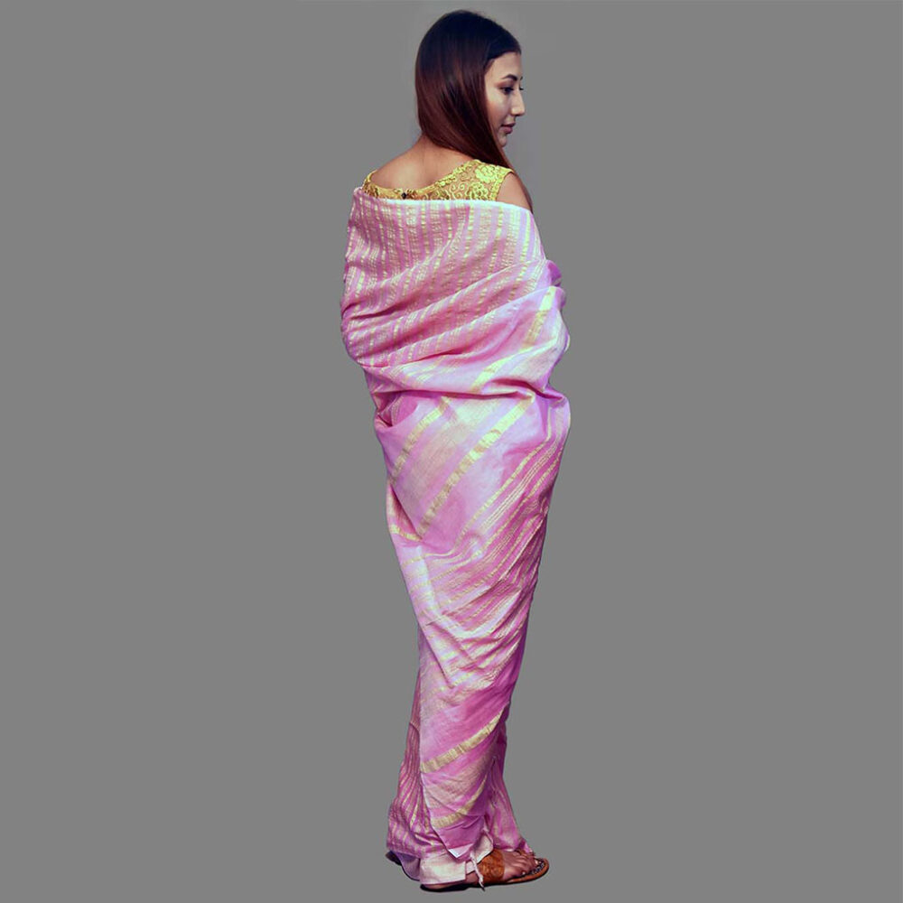Handloom Pink Linen Saree - Image 3