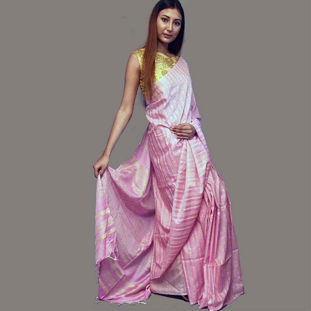 Handloom Pink Linen Saree - Image 4