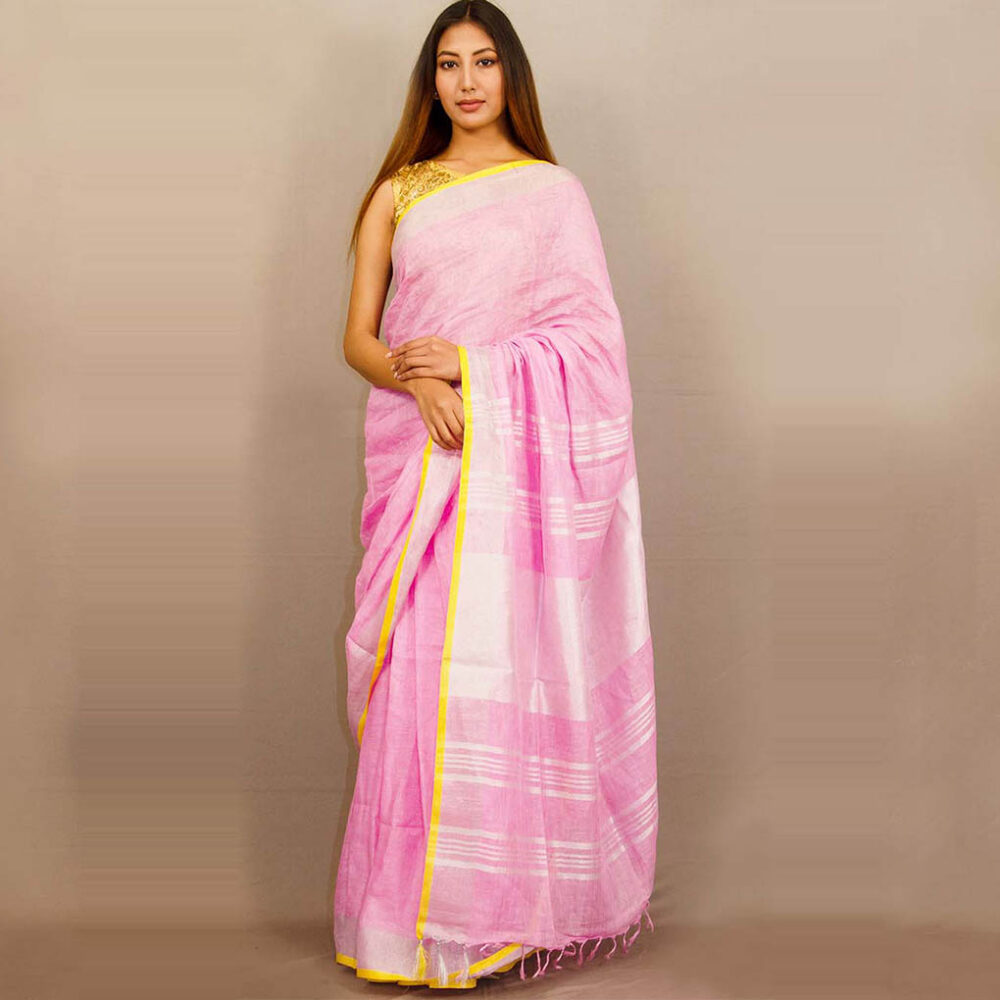 Handloom Pink Linen Zari Saree - Image 4