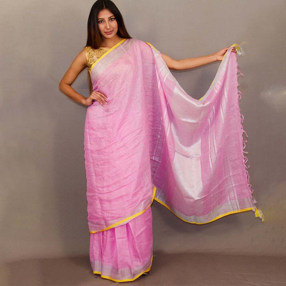 Handloom Pink Linen Zari Saree