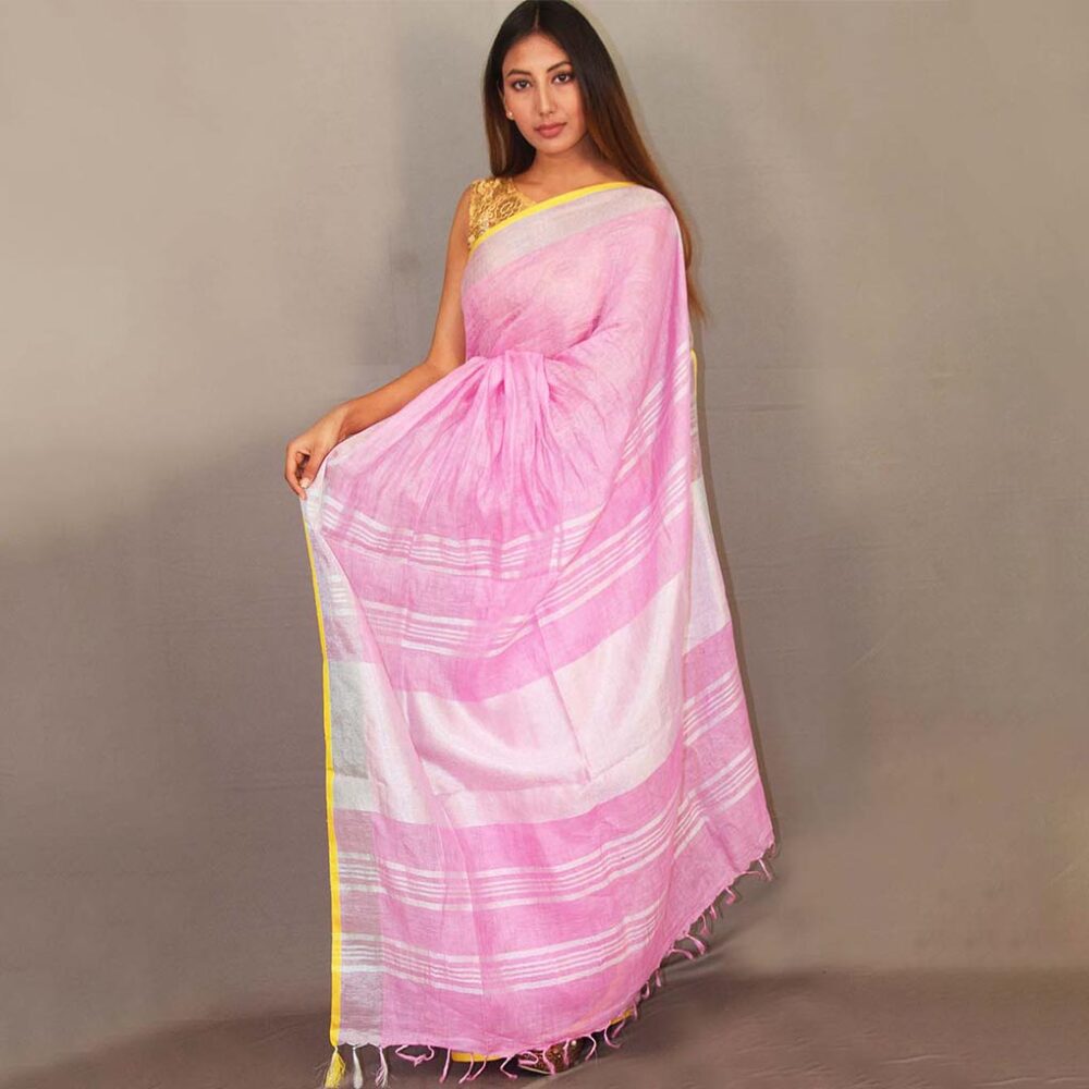 Handloom Pink Linen Zari Saree - Image 2