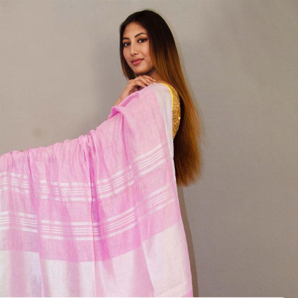 Handloom Pink Linen Zari Saree - Image 3