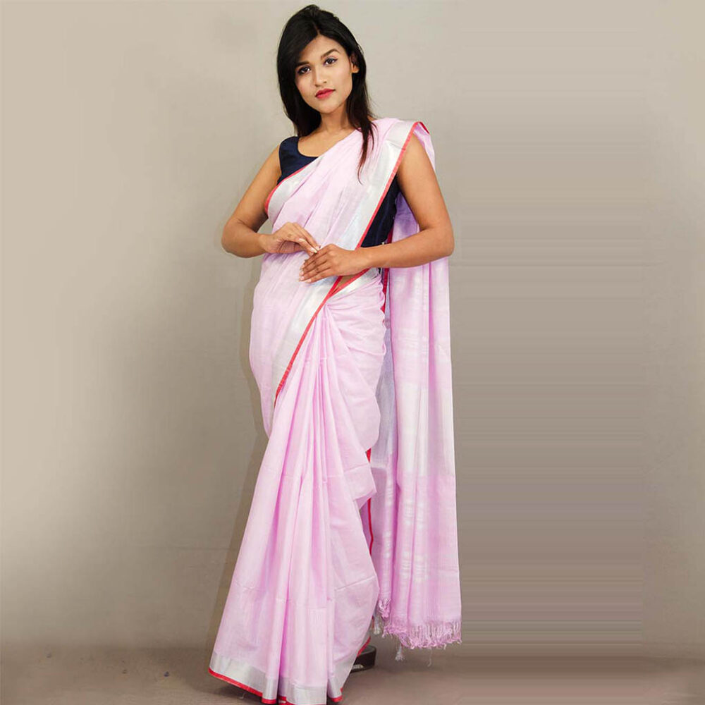 Handloom Pink Linen Zari Saree