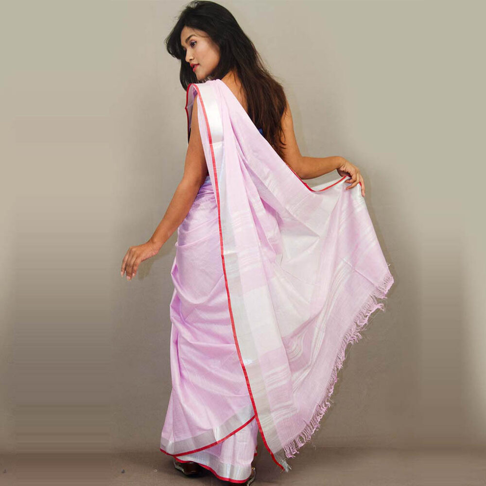 Handloom Pink Linen Zari Saree - Image 3