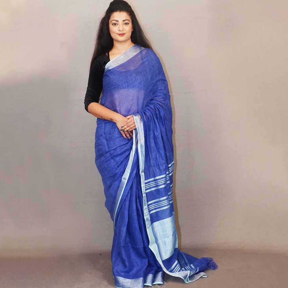 Handloom Royal Blue Linen Zari Saree