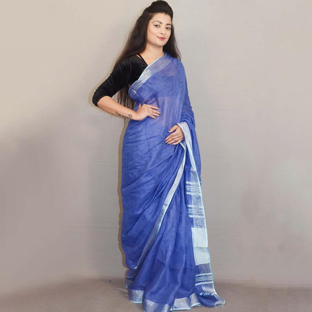 Handloom Royal Blue Linen Zari Saree - Image 2