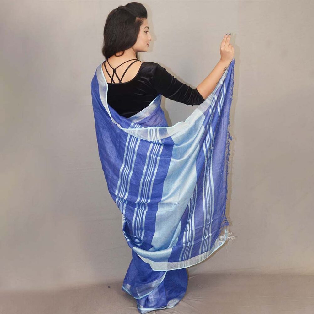 Handloom Royal Blue Linen Zari Saree - Image 3