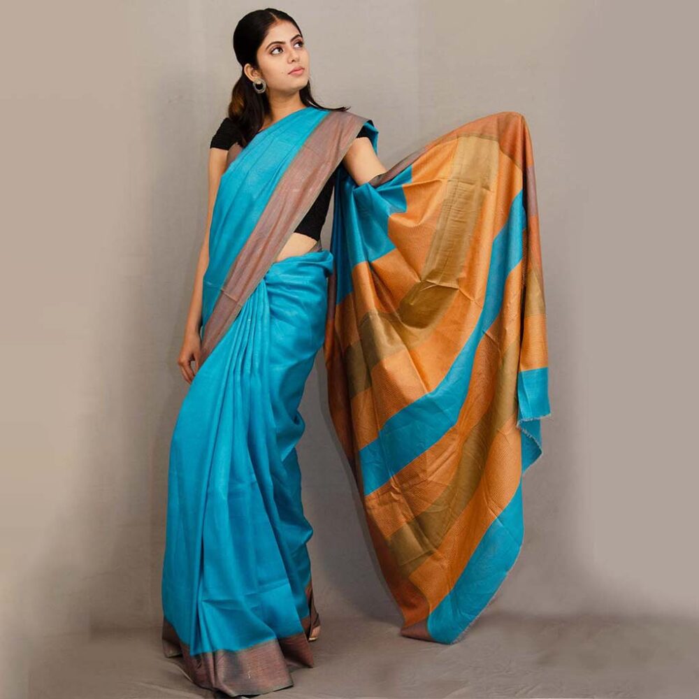 Handloom Tasar Silk Orange Blue Party Wear Saree