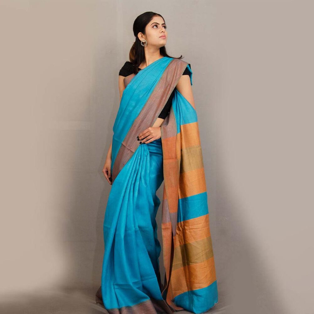 Handloom Tasar Silk Orange Blue Party Wear Saree - Image 2