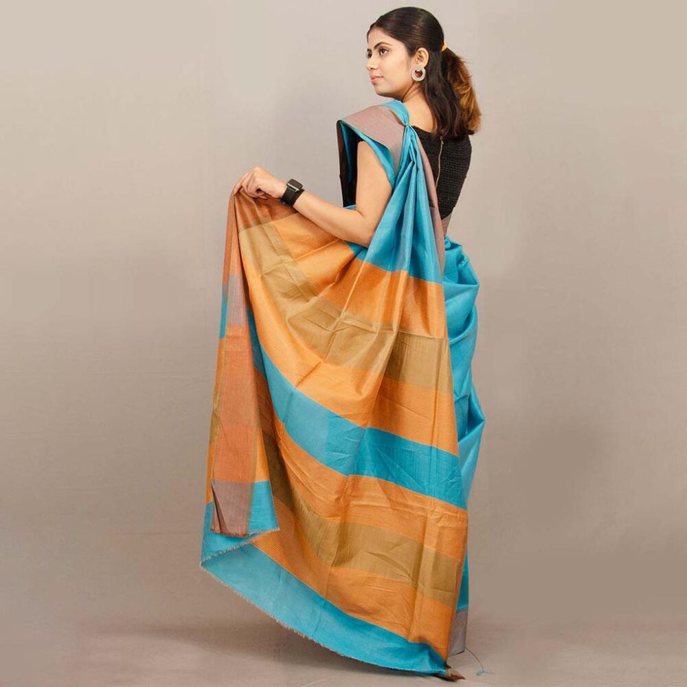 Handloom Tasar Silk Orange Blue Party Wear Saree - Image 3