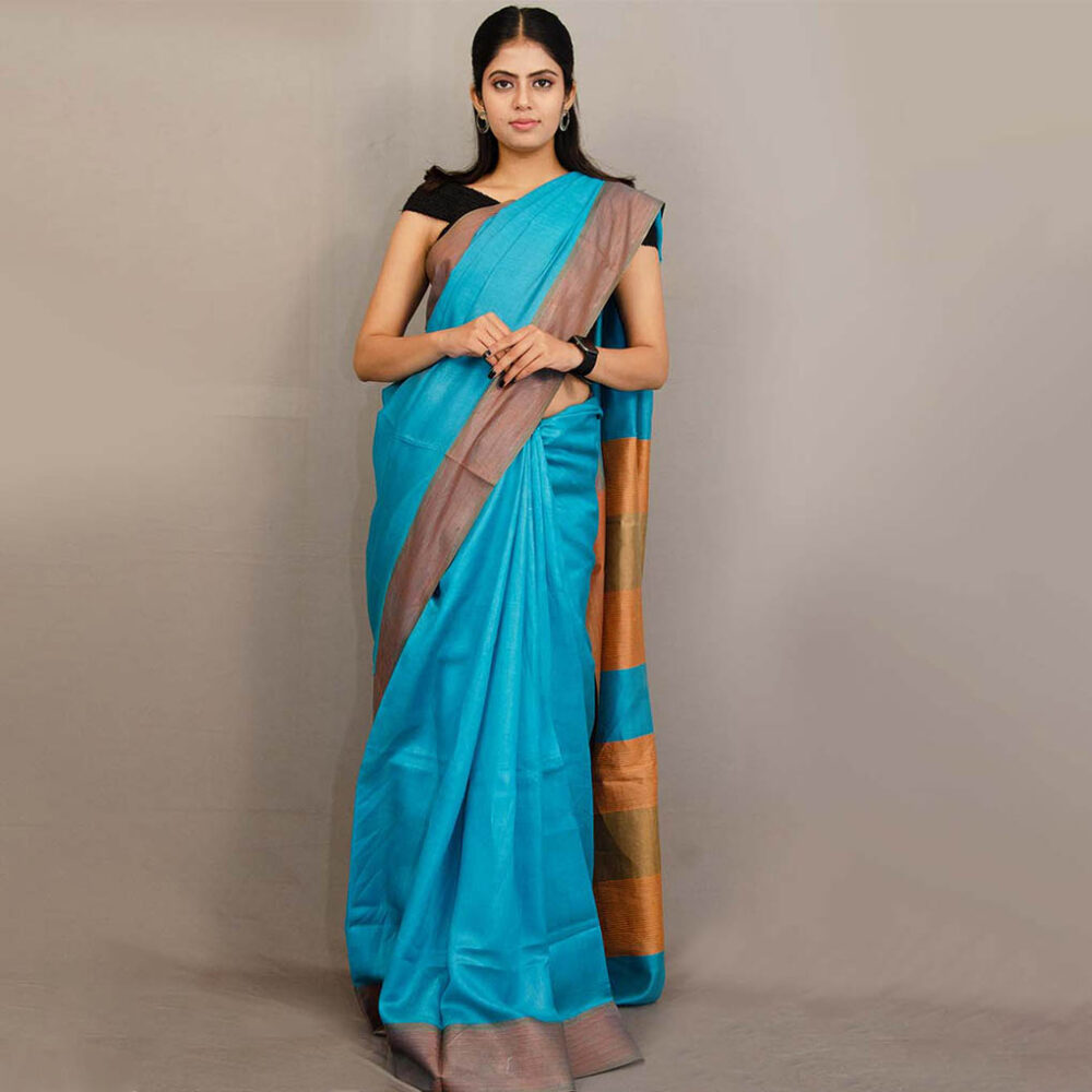 Handloom Tasar Silk Orange Blue Party Wear Saree - Image 4