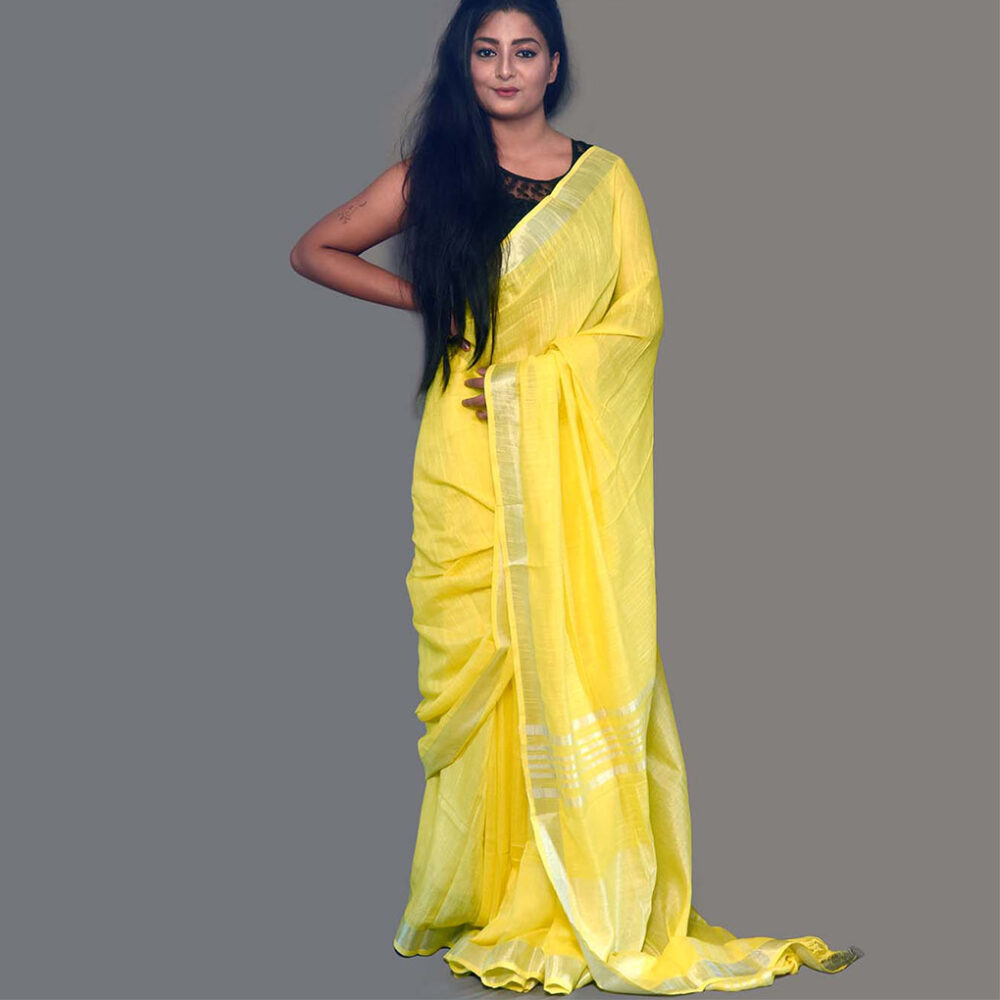 Handloom Yellow Linen Saree - Image 2