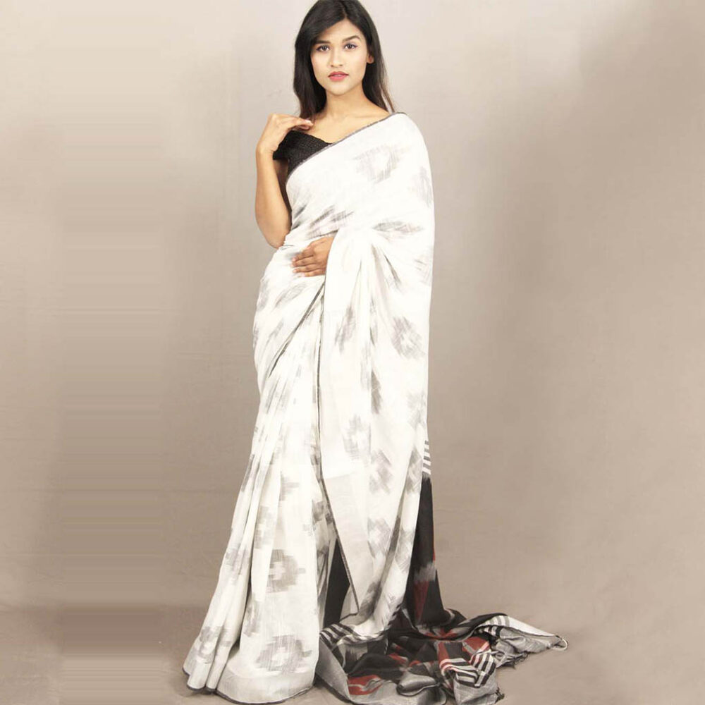 Linen Ikat White Saree - Image 2