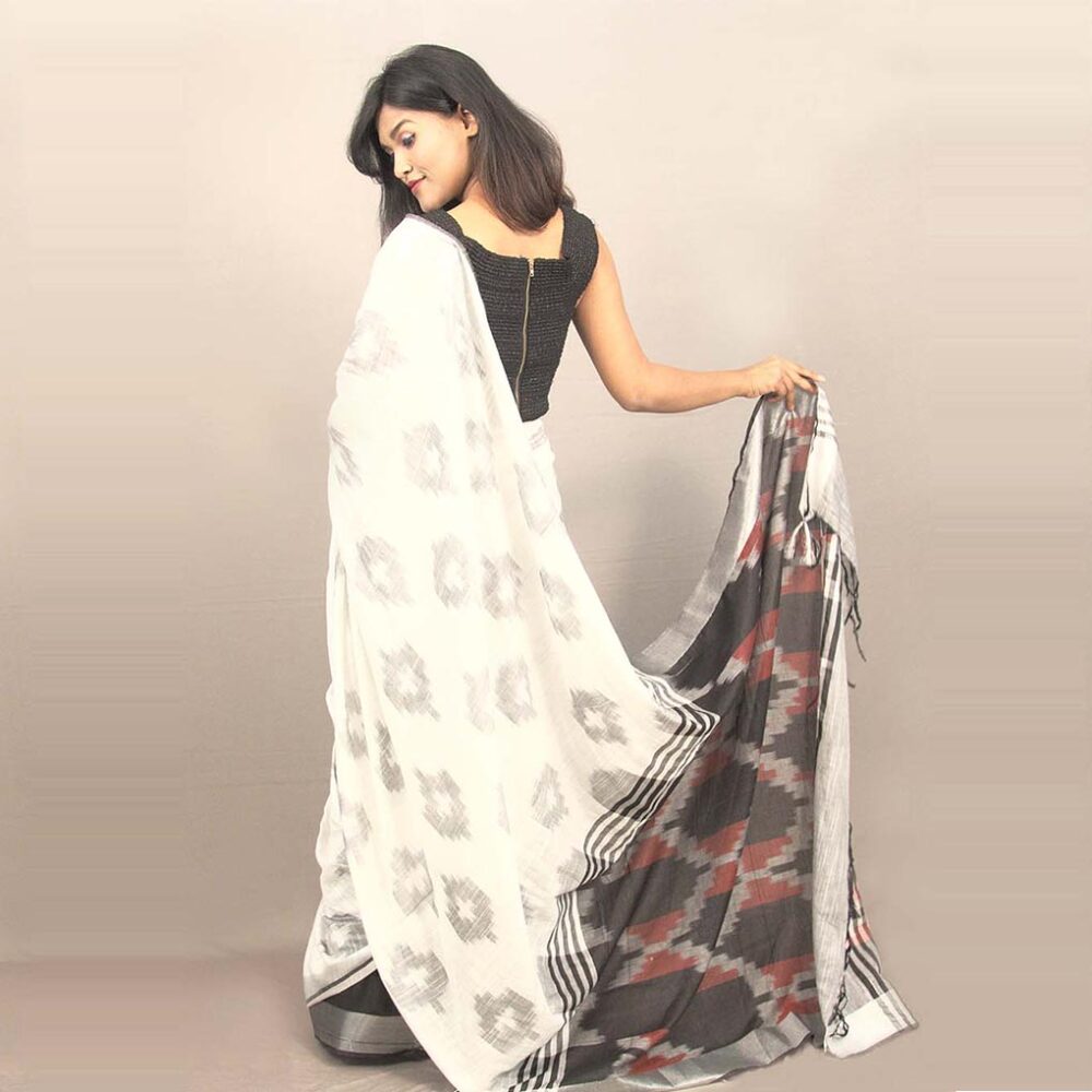 Linen Ikat White Saree - Image 3