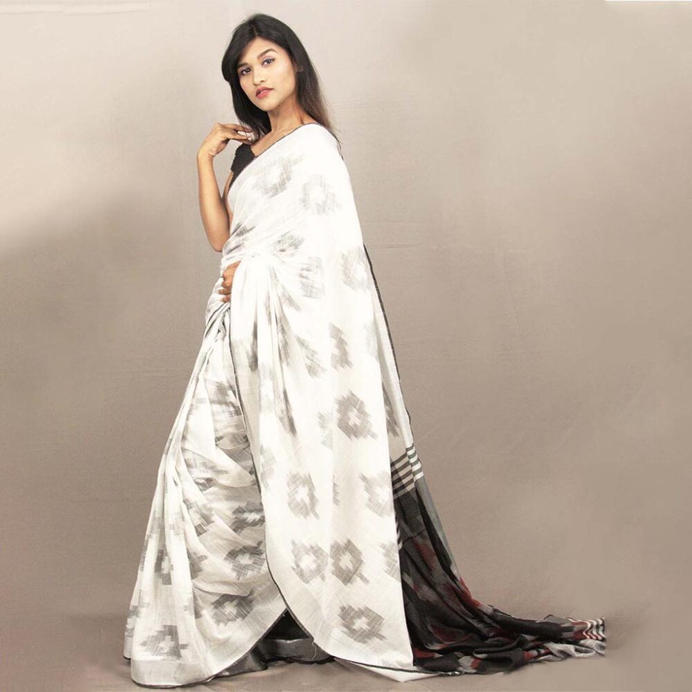 Linen Ikat White Saree - Image 4