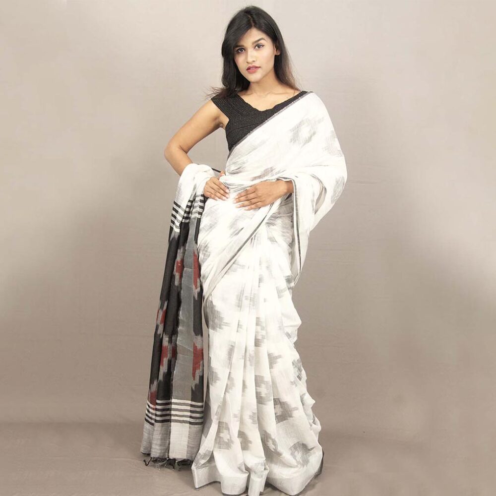 Linen Ikat White Saree