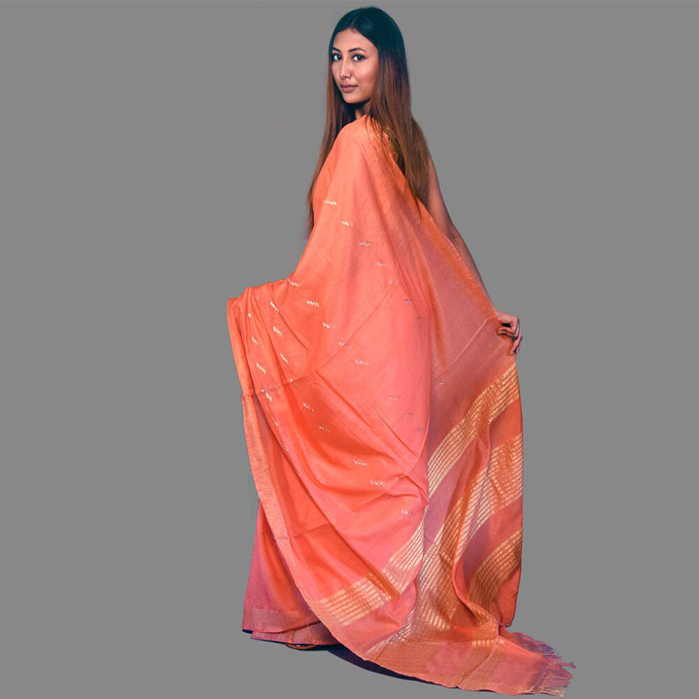 Orange Elegant Handloom Silk Zari Saree - Image 2
