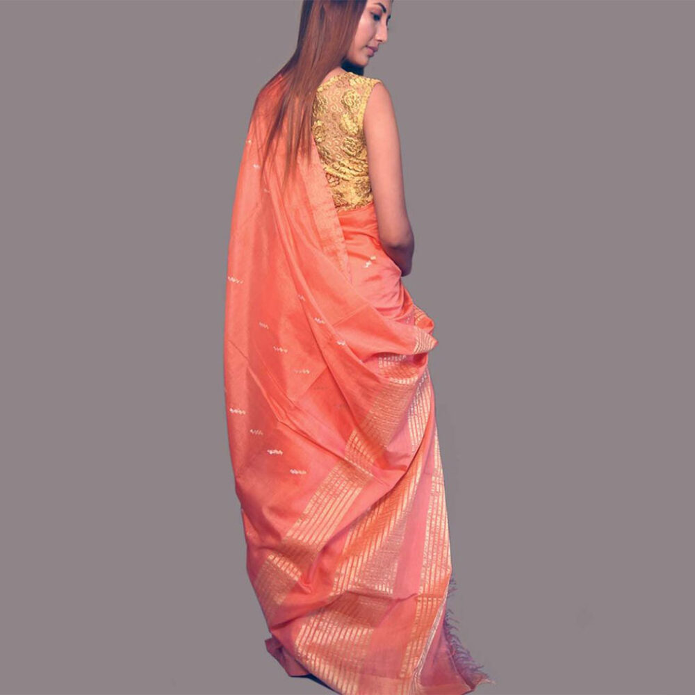 Orange Elegant Handloom Silk Zari Saree - Image 3