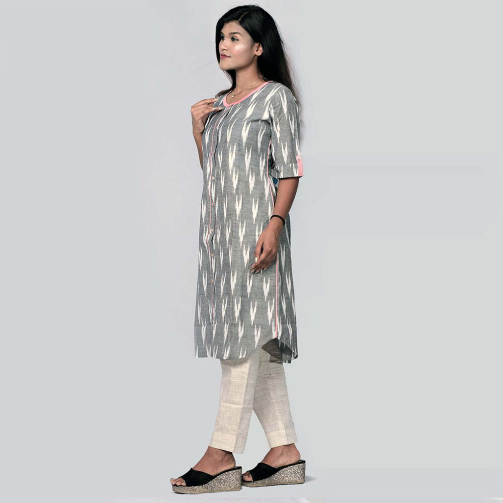 Handloom Charcoal Ikat Kurti - Image 3