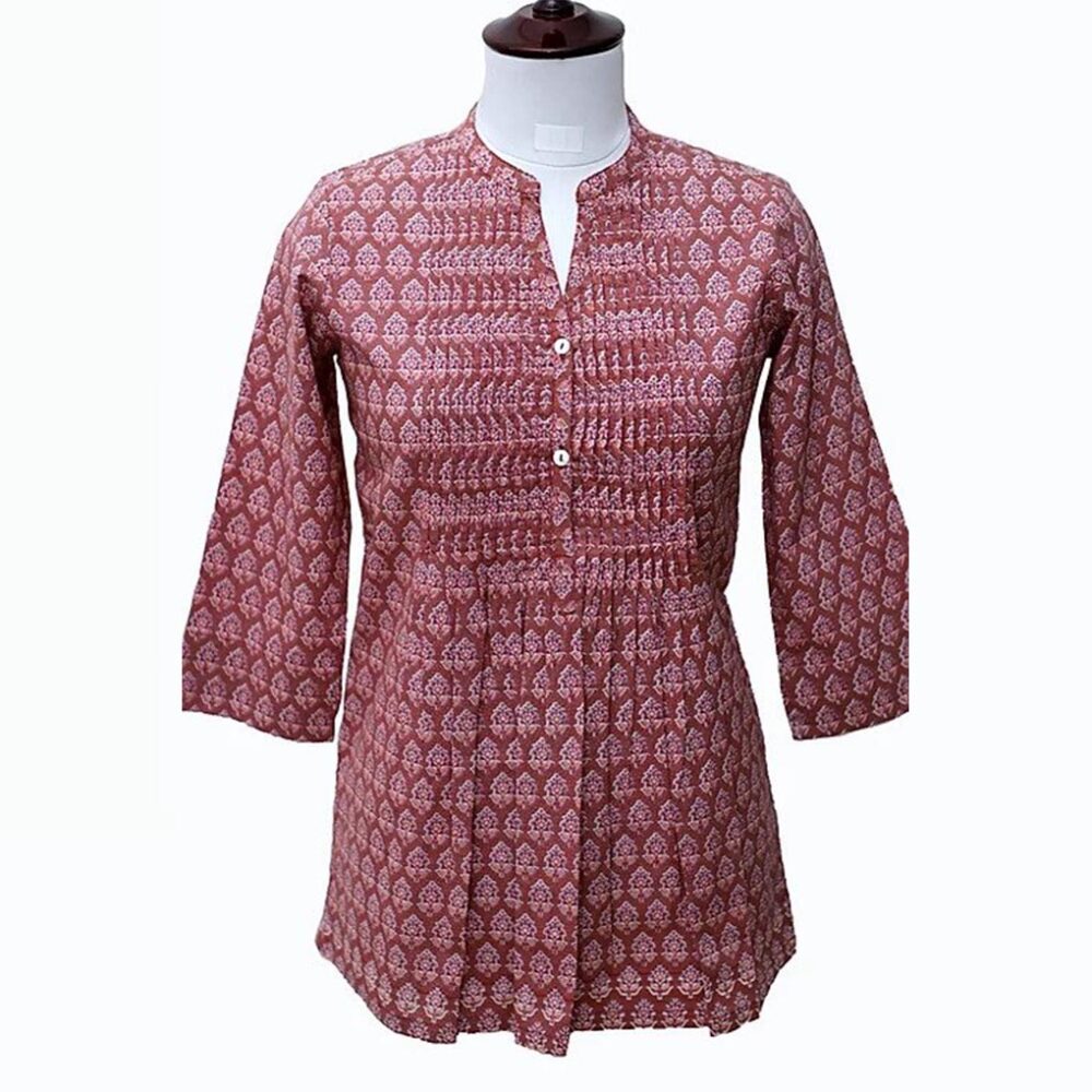 Pleated Printed Top-Terracotta