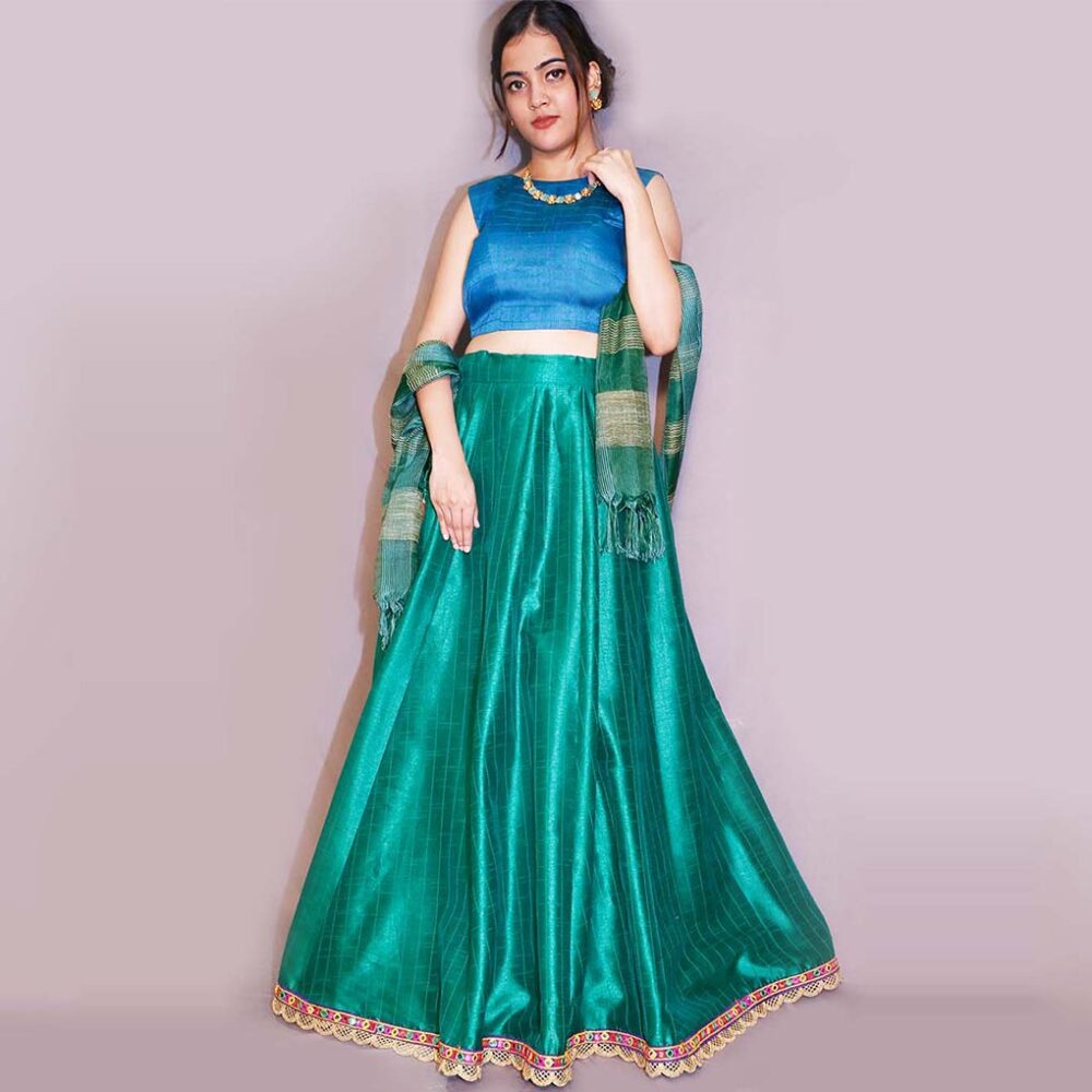 Handloom Peacock Blue Silk Lahenga