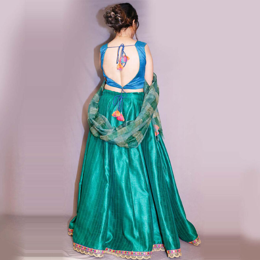 Handloom Peacock Blue Silk Lahenga - Image 2