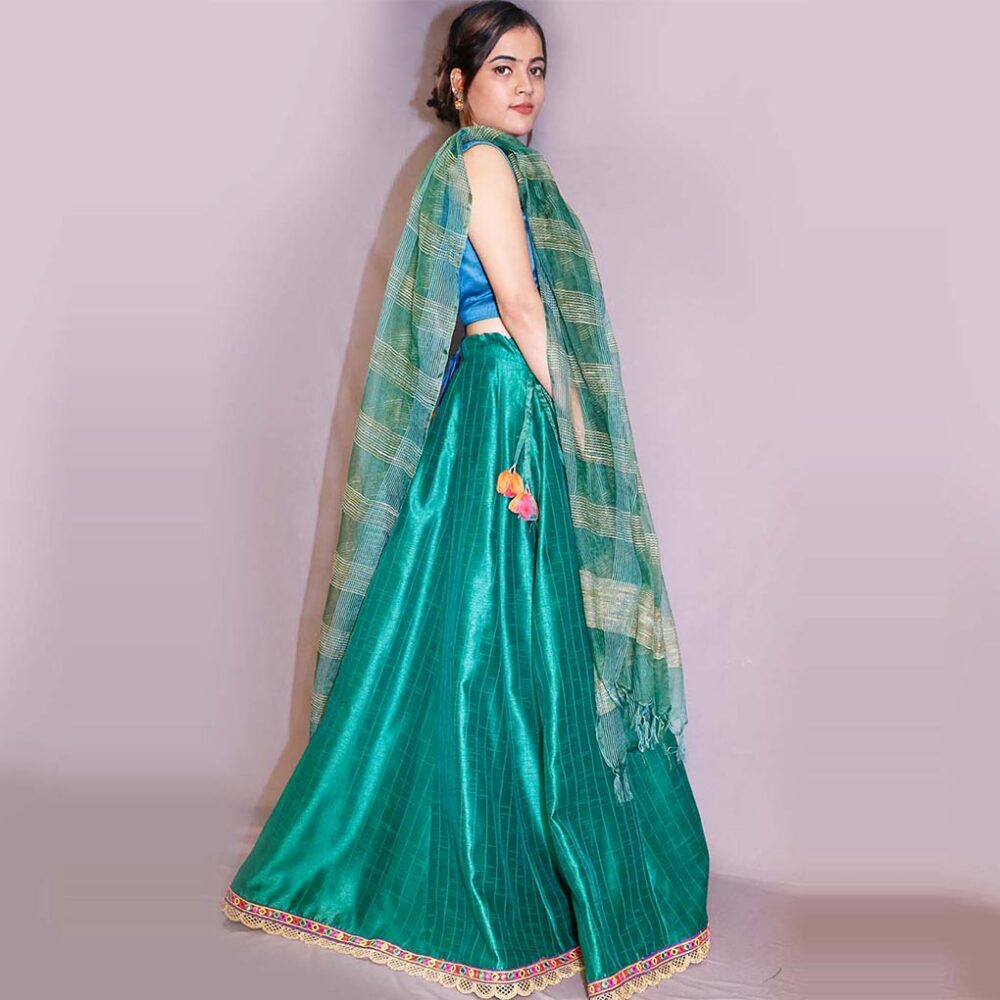 Handloom Peacock Blue Silk Lahenga - Image 3