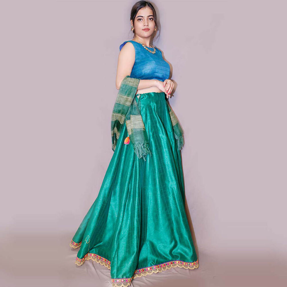 Handloom Peacock Blue Silk Lahenga - Image 4