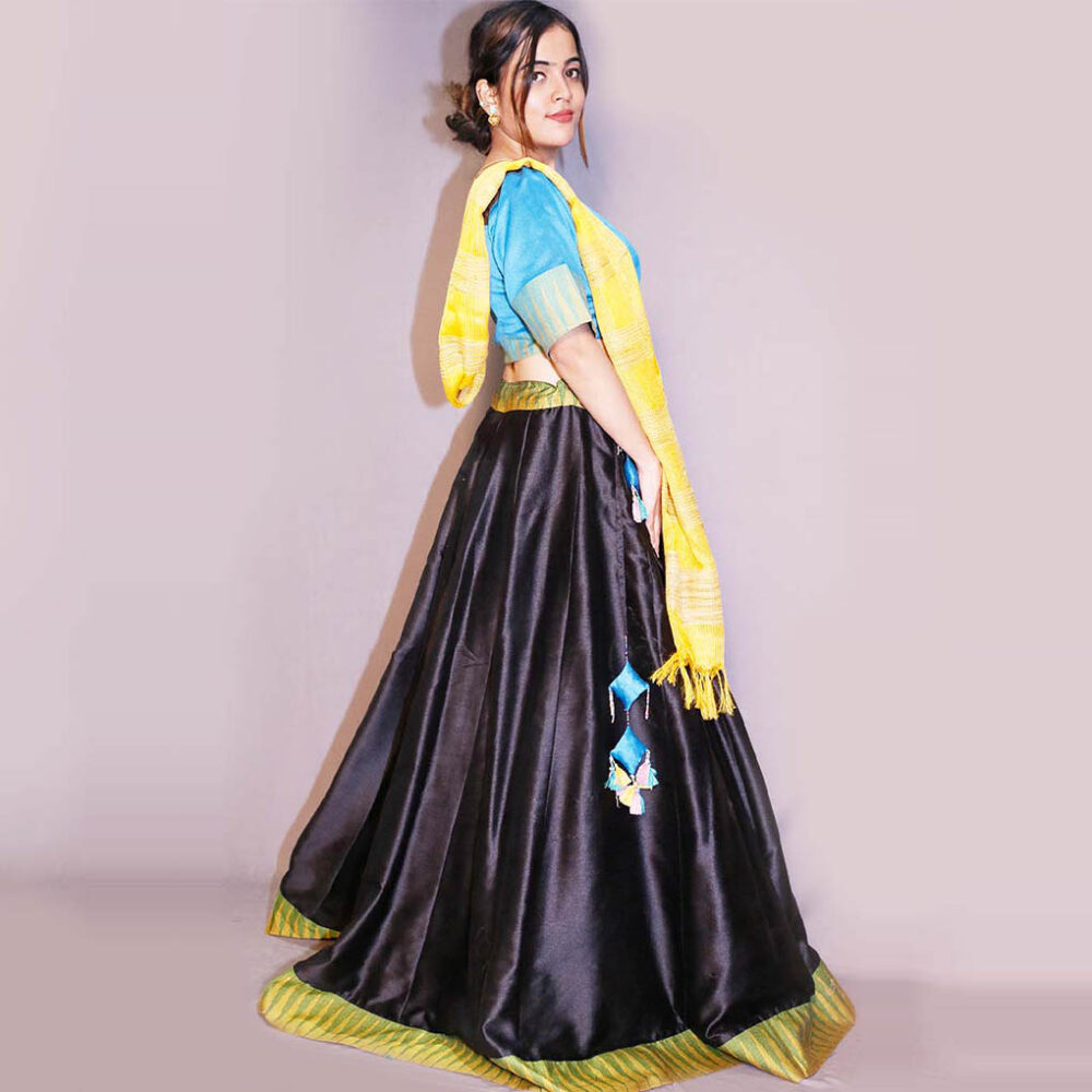 Handloom Silk Black And Blue Blouse Lahenga - Image 3