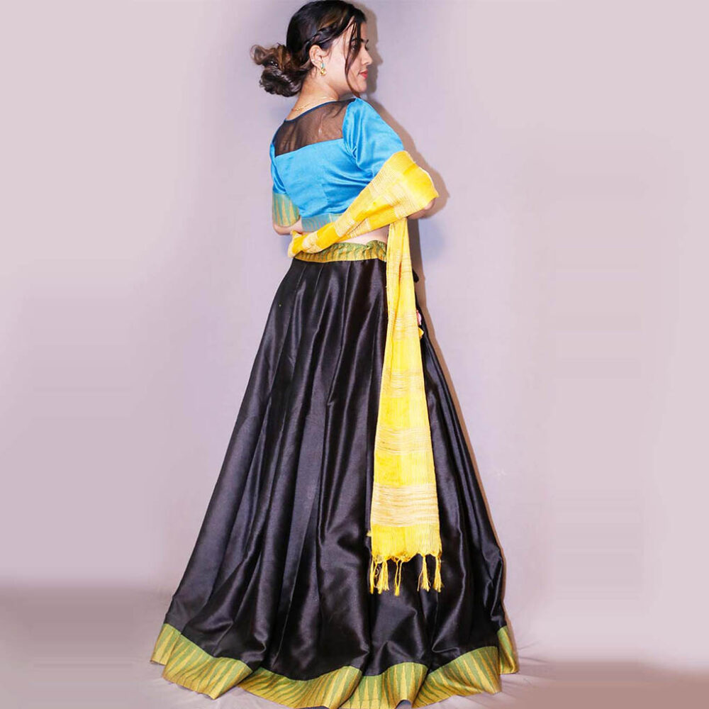 Handloom Silk Black And Blue Blouse Lahenga - Image 4