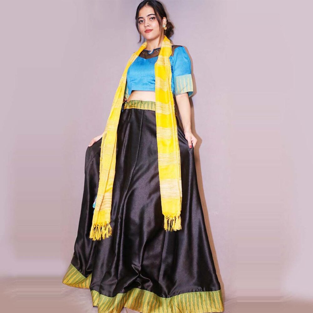 Handloom Silk Black And Blue Blouse Lahenga