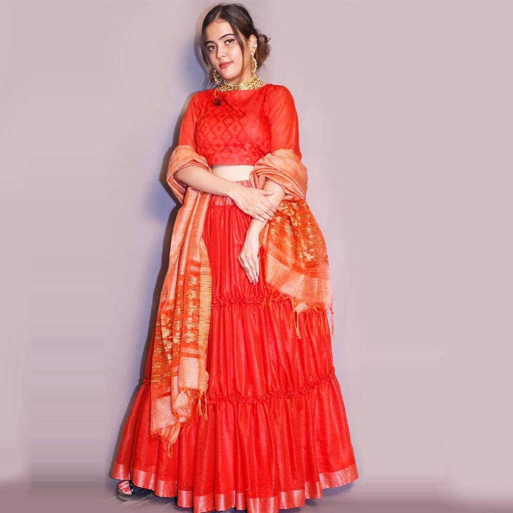 Handloom Silk Red With Skirt Frill Lahenga - Image 4